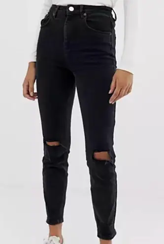 ASOS  High Rise Farleigh 'Slim' Mom Distressed Denim Jeans Washed Black Size 26