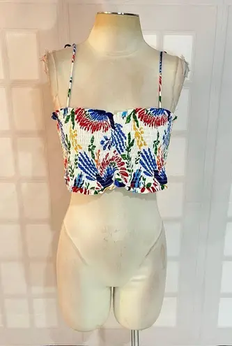 House of Harlow Blue White Toucan Smocked Beaded Tassel Crop Bandeau Top Large