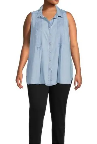 Terra & Sky  Women's Plus Size Sleeveless Pintuck Shirt Light Denim Casual Top 1X