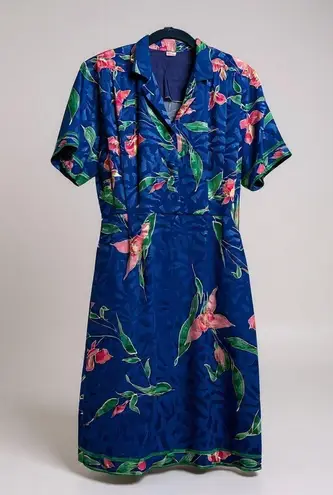 Vintage 80s Rasee Blue Floral Patterned Midi Dress With Short Sleeves & Button F Pink Size M - Image 1