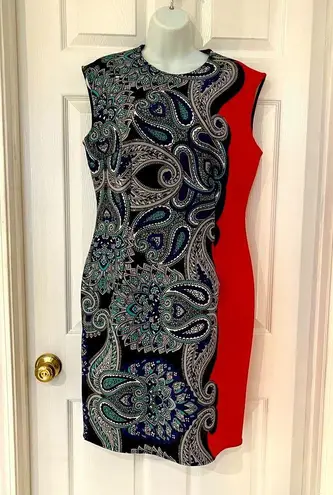 LANVIN Blue Red Paisley Sheath Dress FR 44 US XL Neoprene Midi Designer *FLAWED