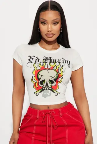 Ed Hardy White Tee with tattoo Skull and Flames size M cropped
