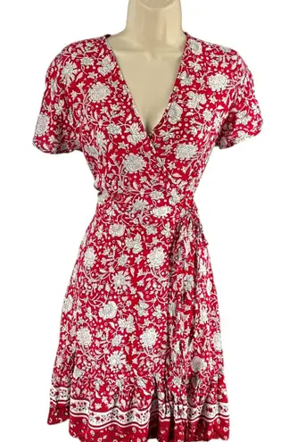 Womens Red Floral Wrap Midi Dress Short Sleeve Tie Waist Size M Size M