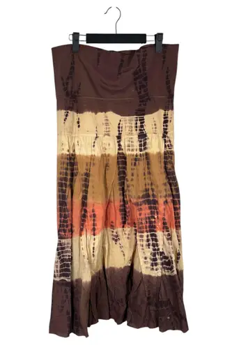 Tracy Evans Vintage Tie Dye Brown Cream Pink Pleated Boho Hippie Maxi Skirt XL