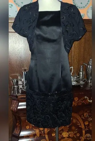 Custom Made Silk Satin Dress w/ Appliqué Accents Black Size M