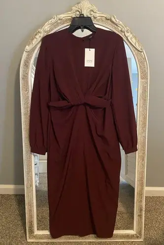 Tie front long sleeve midi dress in wine