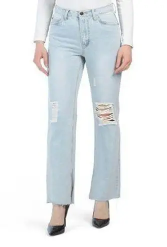 Avec Les Filles RIPPED JEANS SLIT HEM Raw Hem Wide Leg Jeans Light Wash NWT