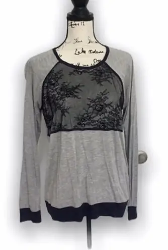 Tibi Gray Long Sleeve Top with Lace Overlay | Contrast Trim | Size XS