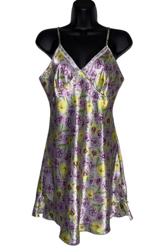 Floral Butter Yellow and Lavender Satin Nightgown Slip Dress Lingerie Chemise Purple Size undefined
