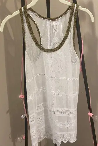 Free People FP Vintage White Lace Pool Dress with Green Stitch