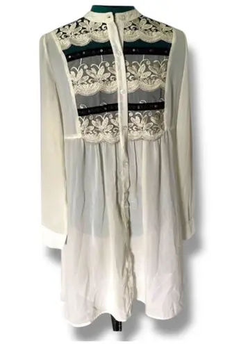 Vintage Y2K PINKY Women's Embroidered Lace Sheer Button Front Fully Lined Tunic White Size L