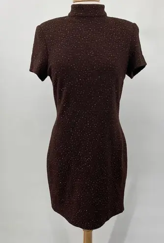 Vintage 90s Mockneck Mini Dress Short Sleeve Glitter Dot Textured Brown Womens M Size M