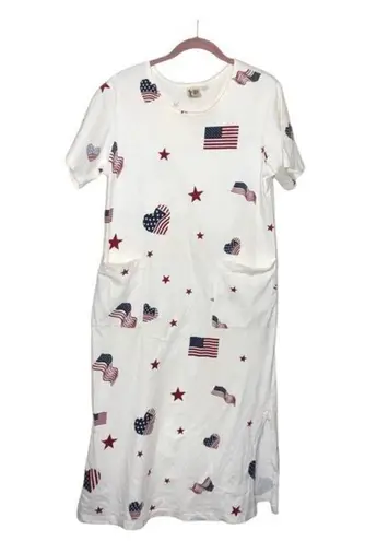AMERICANA White T Shirt Dress Flags & Stars Patriotic Vintage Made in USA Size M