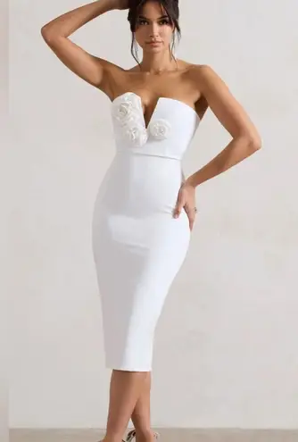 Club L London White Fanciful Strapless Midi Dress V Neck Size 2 NWT