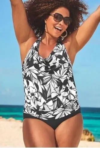 Swimsuit For All NWT Swimsuits For All Floral Blouson Halter Tankini Top Black White Size 16