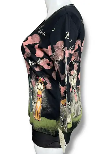 Jess & Jane Womens Bow Wow Dog Theme TShirt Top Long Sleeve Rhinestone Black Lrg Size L