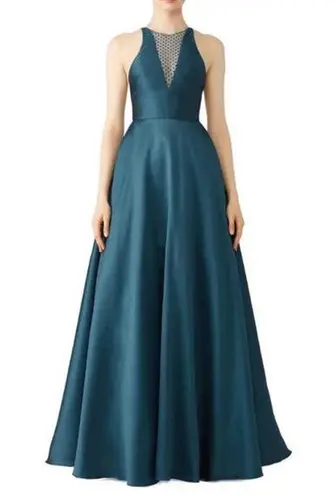 Monique Lhuillier Teal Mesh Formal Gown Sleeveless mesh insert Formal Dress 16