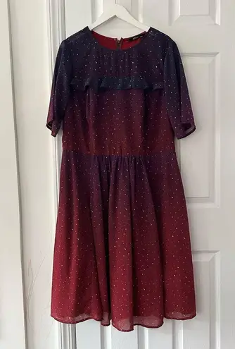 Eshakti  Purple Red Ruffle Ombre Star Print Georgette Midi Dress Missing Belt 1X