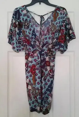 My Story NEW Modcloth Aqua Blue Floral Boho Batwing V-Neck & Back Mini Dress S