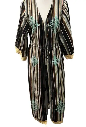 Angel + Premium Aztec Bohemian Embroidered Multicolor Lace Trim Duster Jacket S Black