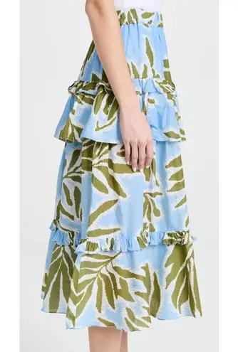 Tanya Taylor New Horizon Blue Tropical Leaf Hazelle Tiered Midi Skirt Size Small