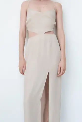 ZARA  CUT OUT V-neck Dress w/ Thin Straps Side Slits at Hem Beige SIZE S NEW