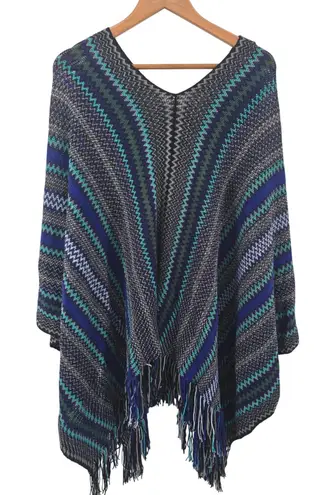 Missoni Zigzag Wool Blend Poncho Cape Blue Green Grey Fringe Italy Womens OS