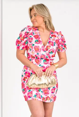 Adelyn Rae Red and Pink Sheath Midi Dress with Puff Cap Sleeves Size XS