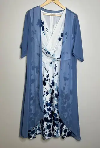 Two Piece Blue Floral Midi Dress With Cover Up Shawl Size XL