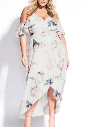 City Chic Maxi Pink Lily white floral cold shoulder ruffle asymmetrical dress 16