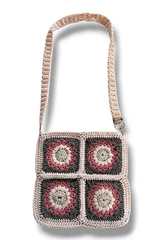 Handcrafted Crochet Floral Granny Square Crossbody Bag Peach Grey & Orange Lined