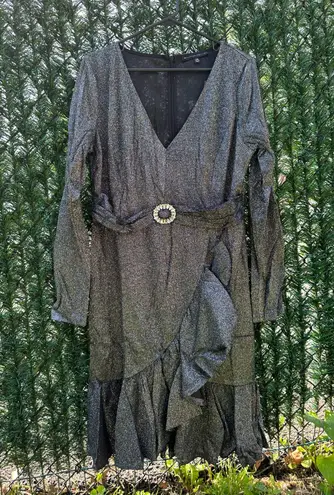 Symphony Shimmer Belted Asymmetrical Flare Hem V-neck Dress Black/Silver Size 2X