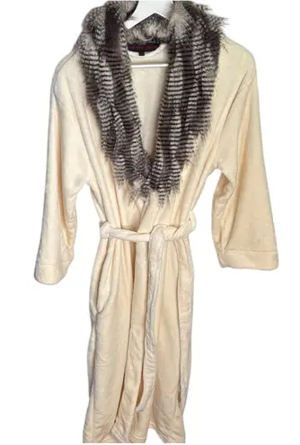 Adrienne Landau Faux Fur Trim Collar Cream Wrap Long Robe W-979 Sz M/L