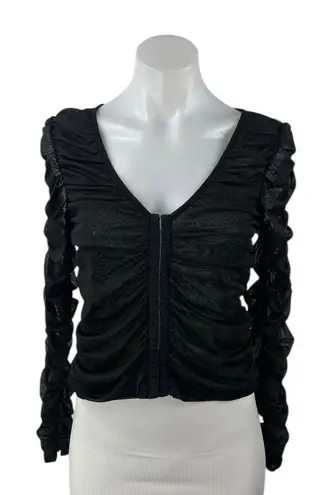 NA-KD Women's Black Mesh Ruched Long Sleeve V-neck Crop Corset Blouse Top Sz XS