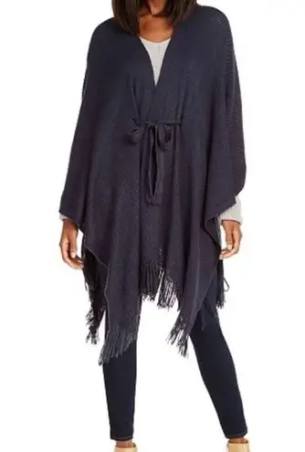 Grey Knit Belt Tie Waist Wrap Poncho Cardigan OSFM Gray