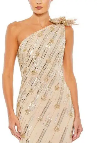Mac Duggal 93739 Embellished Floral Detail One Shoulder Gown Nude Gold 10 $498