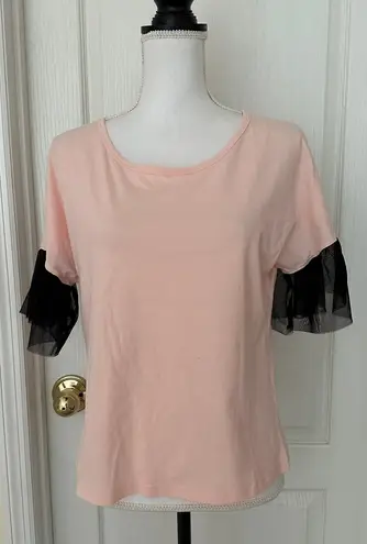 My stat New My Star Woman’s Light Orange Top 100% Cotton With Black Mesh Sleeves, Sz S