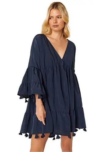 MISA Los Angeles MISA Mahtab Crinkled Bell-Sleeve Mini Dress In Midnight Navy Blue