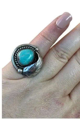 Vintage Blue  Turquoise Leaf Ring, Sterling Silver Native American Ring Sz 4.5