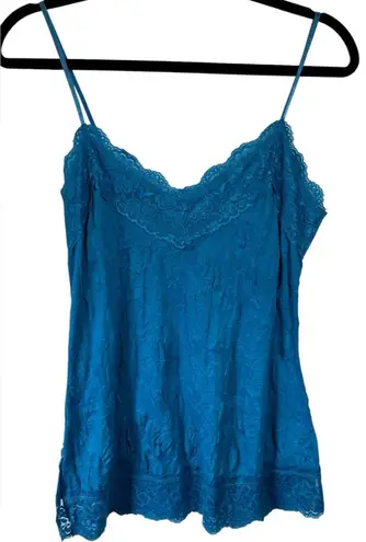 Weaver Girl Lace Trim Adjustable Strap Dark Aqua Blue Cami VTG Y2K Romantic Size L