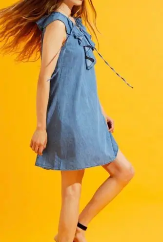Ethereal boutique Lace Up Frill Neck Chambray denim Dress sz small