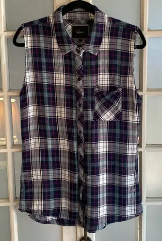 Rails Plaid Sleeveless Button Up Shirt Size Small Red Blue Green Oversized Tunic