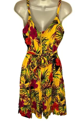 Vintage Sugar Co Hawaiian Yellow Floral Print Shorts Romper Size M Tie Belt Y2K Size M