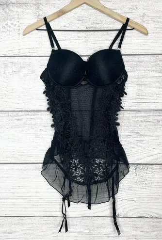Sheer Black Lace Bustier Lingerie with Floral Appliqué and Garter Straps Size XL