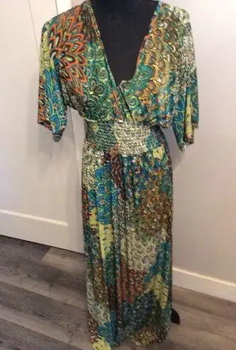 5th & Love 5th Love Maxi Dress V Neck Open Back Short Sleeve peacock Colors Designs XL