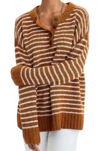 ANDRÉE BY UNIT Brown White Stripe Chenille Henley Sweater Plus Size 1X