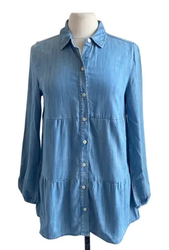 STYLE & CO Chambray Shirt Womens Sz Small Tiered Button Down Boho Blue
