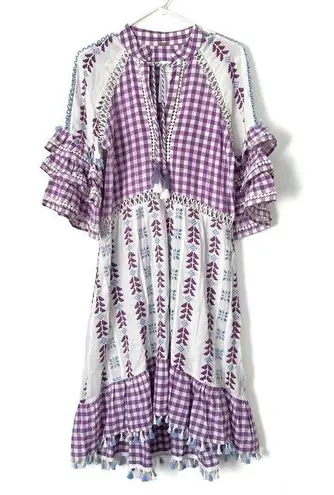 The Bar DODO OR Gingham Broderie Anglaise Cotton Gauze Purple Tassel Midi Dress Sz S