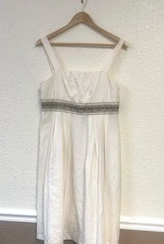 Harvé Benard Herve Bernard Linen Blend Dress | Size 8 | Cream & Tan Trim | Sleeveless
