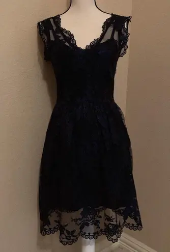 Madison Marcus Black With Metallic Blue Lace Overlay Dress Size XS Extra Small
